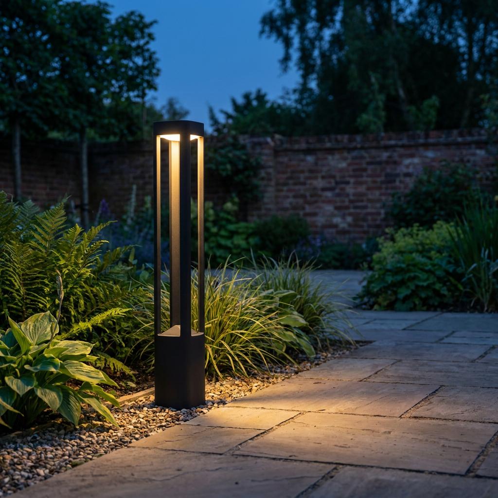 A modern black outdoor bollard light illuminates a stone garden path among lush green plants at dusk.