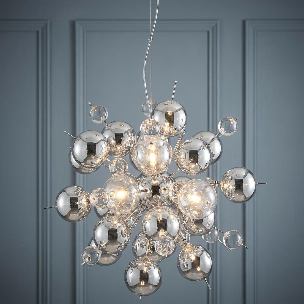 Chrome and clear glass molecular pendant light with twelve bulbs hanging against a blue panelled wall.