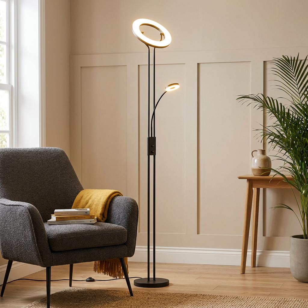 A sleek black Searchlight Mother & Child LED floor lamp lights up a modern living room beside a grey armchair.