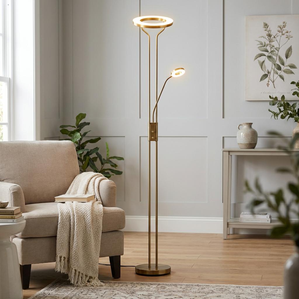 Modern satin brass mother and child LED floor lamp with ring heads in a cozy living room setting.