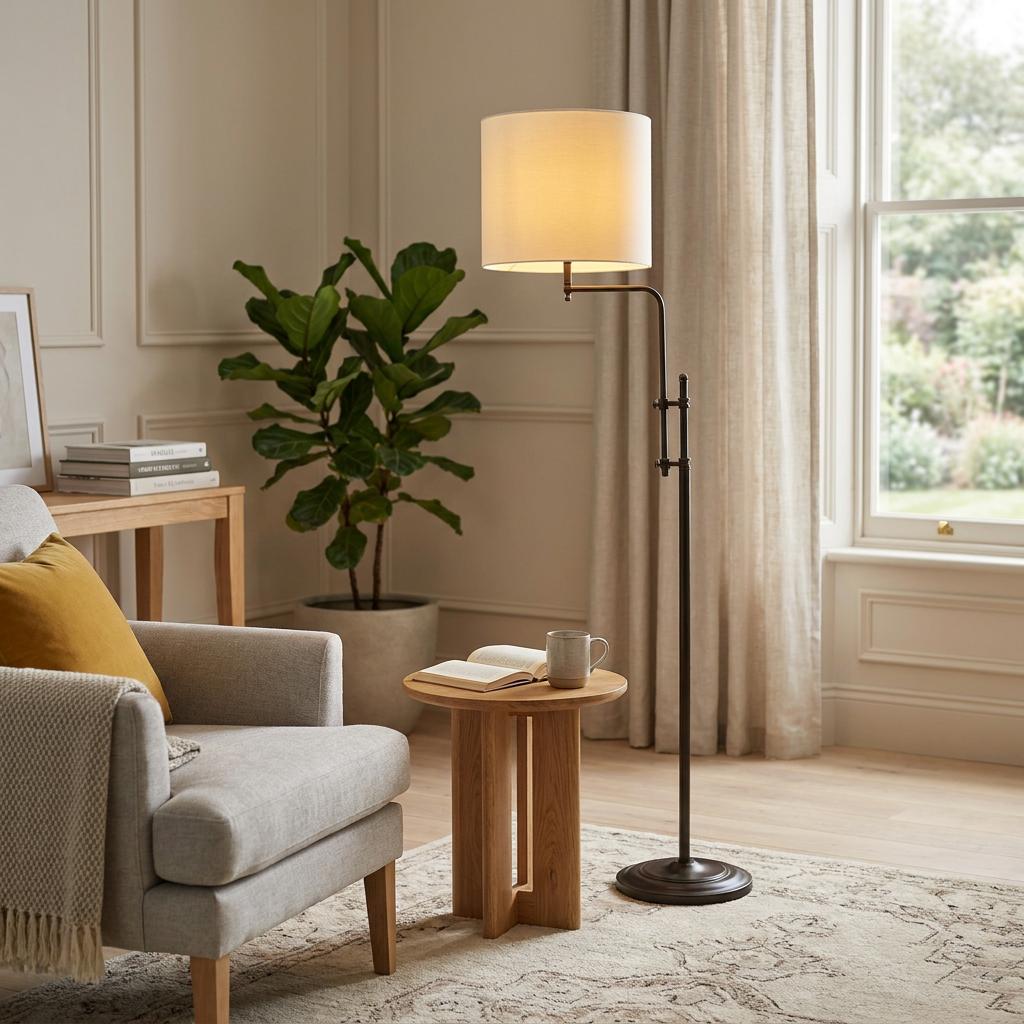 A black Munich floor lamp with a natural linen shade provides warm light in a cozy, modern living room.