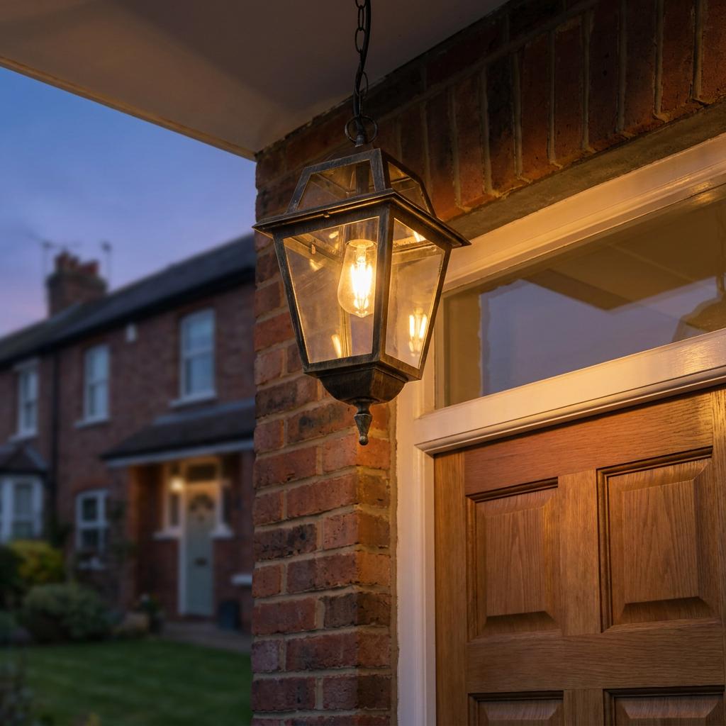 A black and gold outdoor pendant lantern hangs illuminated outside a wooden front door at dusk.