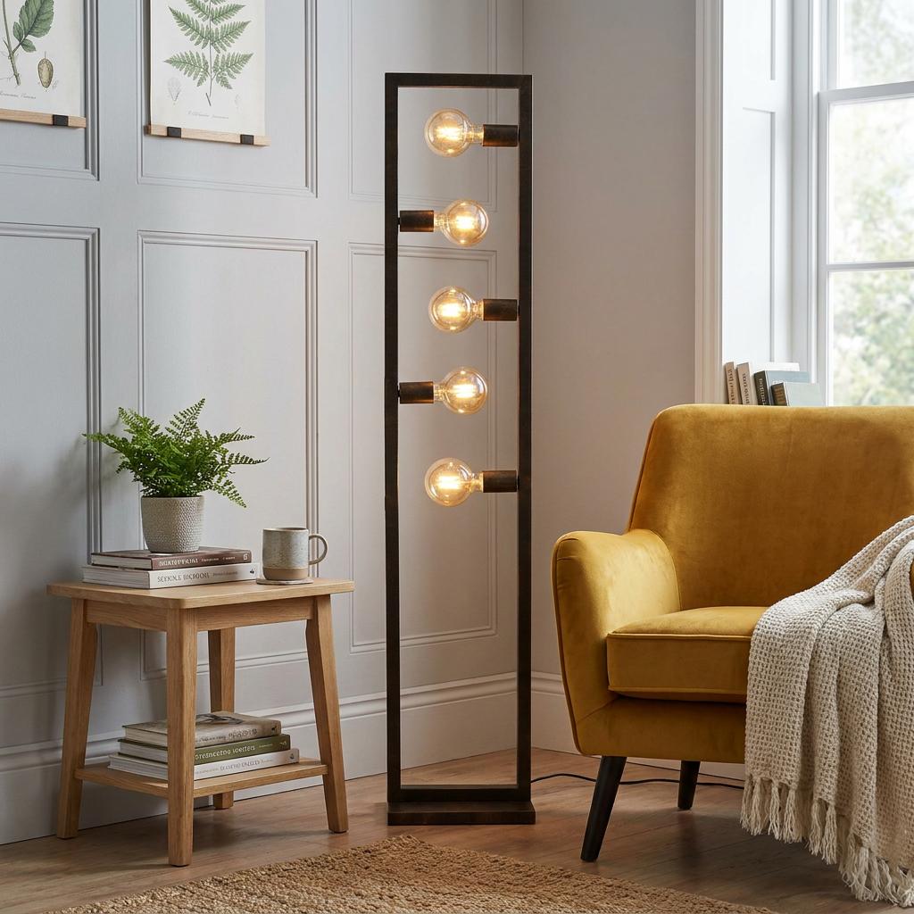 A modern brown oblong floor lamp with five glowing exposed bulbs stands in a cozy living room near a yellow armchair.