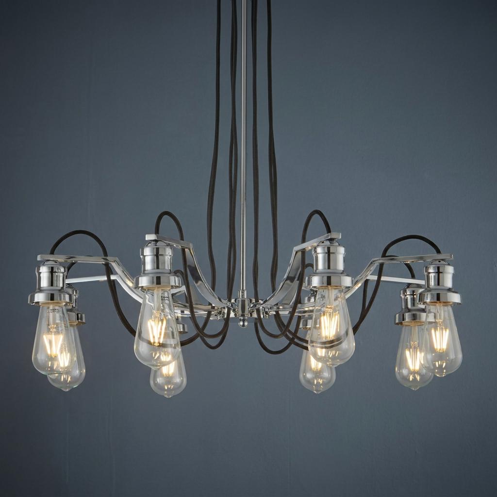 Modern chrome 8-light pendant chandelier with exposed vintage bulbs and black decorative cables.
