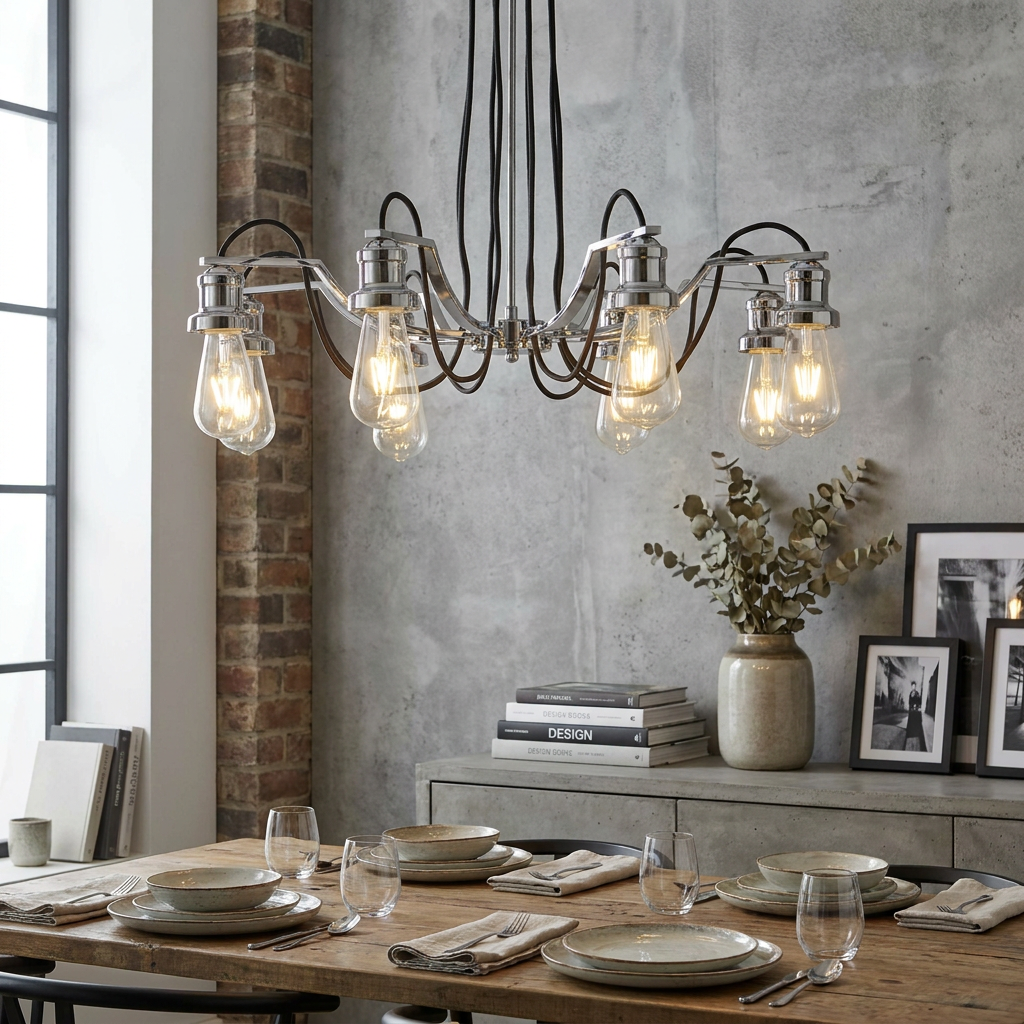 Chrome 8-light pendant chandelier with Edison bulbs hanging in a modern dining room with a concrete wall.