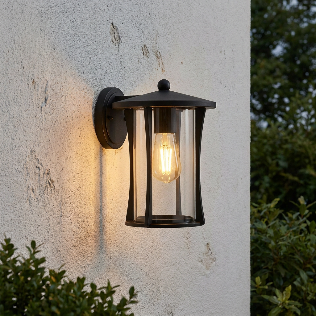 Black pagoda-style outdoor wall light with a glowing filament bulb, mounted on a textured white exterior wall.