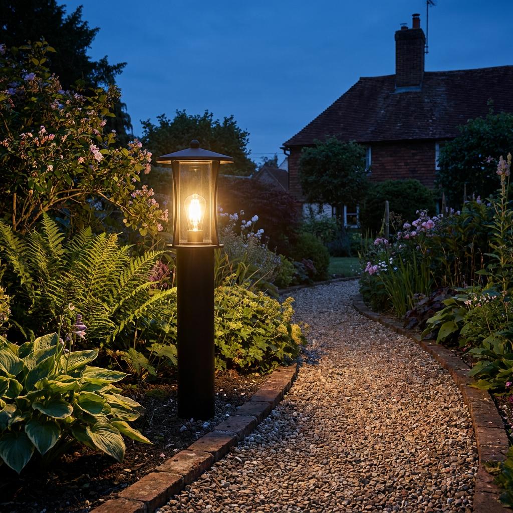 Black outdoor bollard light illuminating a gravel garden path with a warm glow at dusk.