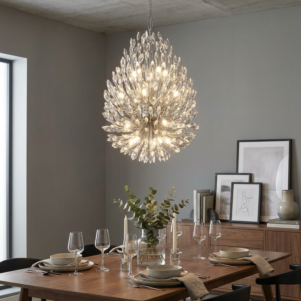 Crystal teardrop pendant light illuminating a modern dining room with a wooden table and gray walls.