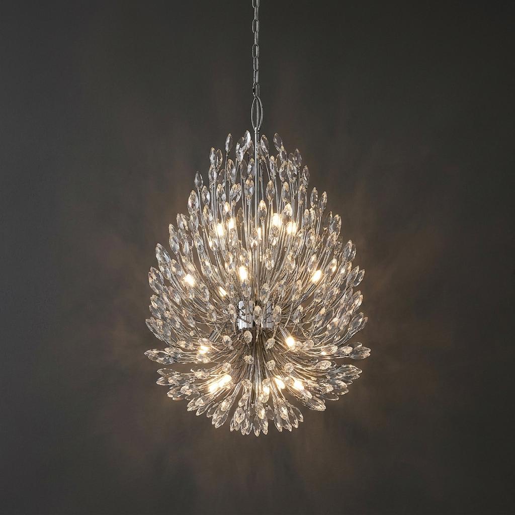 A teardrop-shaped 20-light pendant chandelier with chrome branches and crystal leaves against a dark wall.