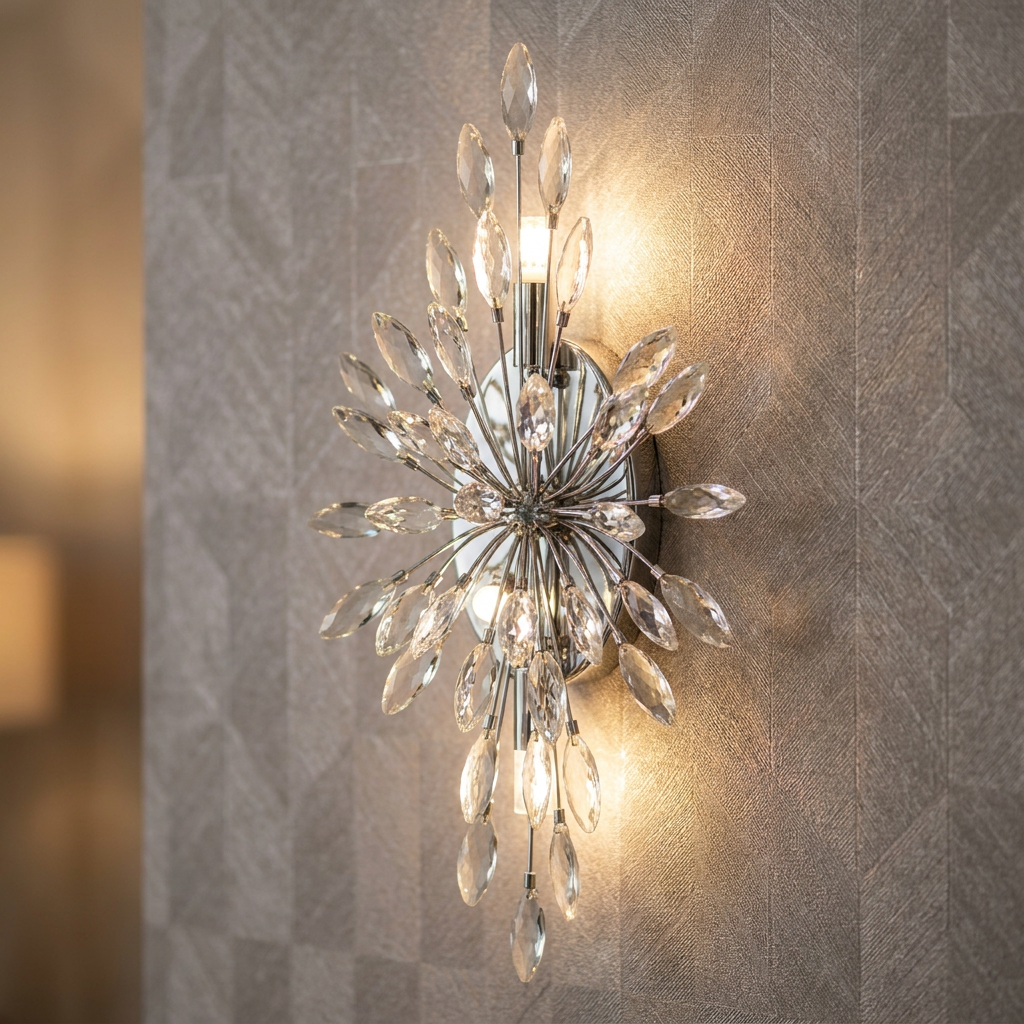 A modern starburst wall light with leaf-shaped crystals and chrome finish mounted on a textured grey wall.