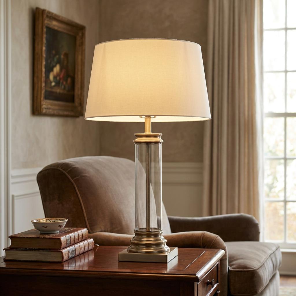 Brass and glass pedestal table lamp with a cream fabric shade on a wooden table in a classic living room setting.
