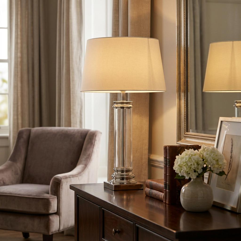 Warmly lit silver and glass pedestal table lamp with a cream shade on a dark wooden sideboard.