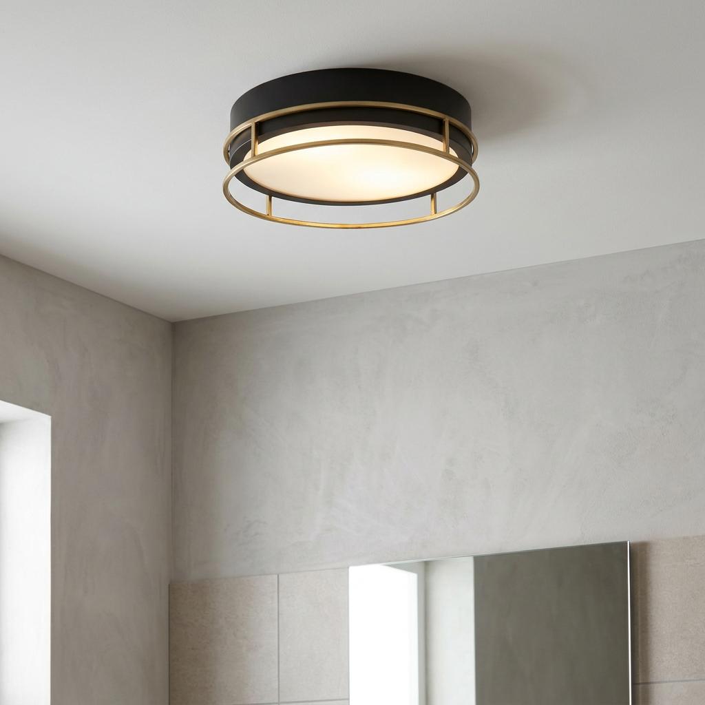 Searchlight Phoenix 2 light black and brass flush mount ceiling light with a frosted diffuser.