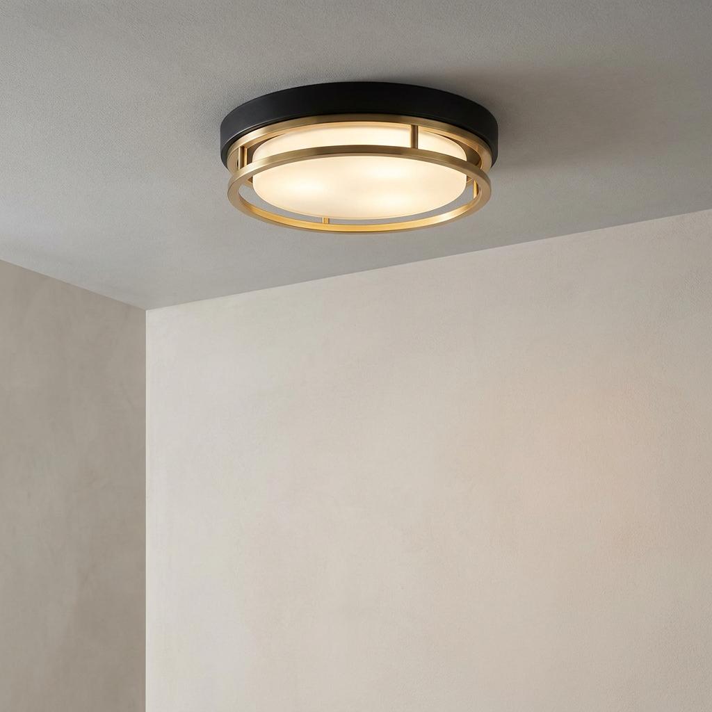 Searchlight Phoenix 3 light flush mount ceiling light with a black base and brass frame on a neutral ceiling.