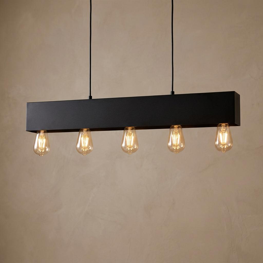 Industrial black linear pendant with five glowing vintage bulbs hanging against a neutral textured background.