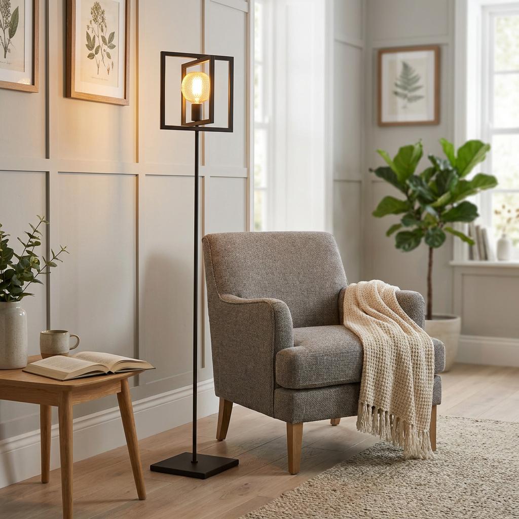 Matte black industrial floor lamp with a square frame and exposed bulb standing next to a grey armchair.