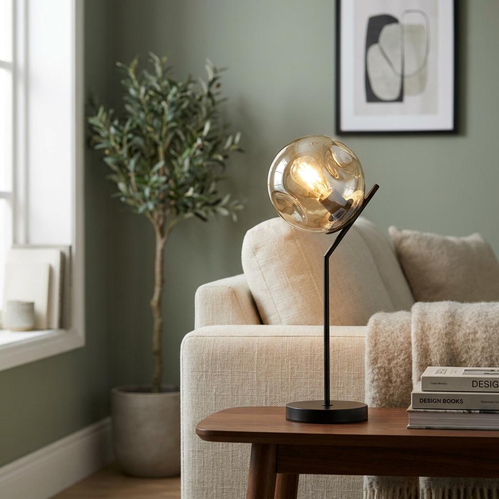 Modern black table lamp with a dimpled champagne glass shade lit on a wooden side table in a living room.