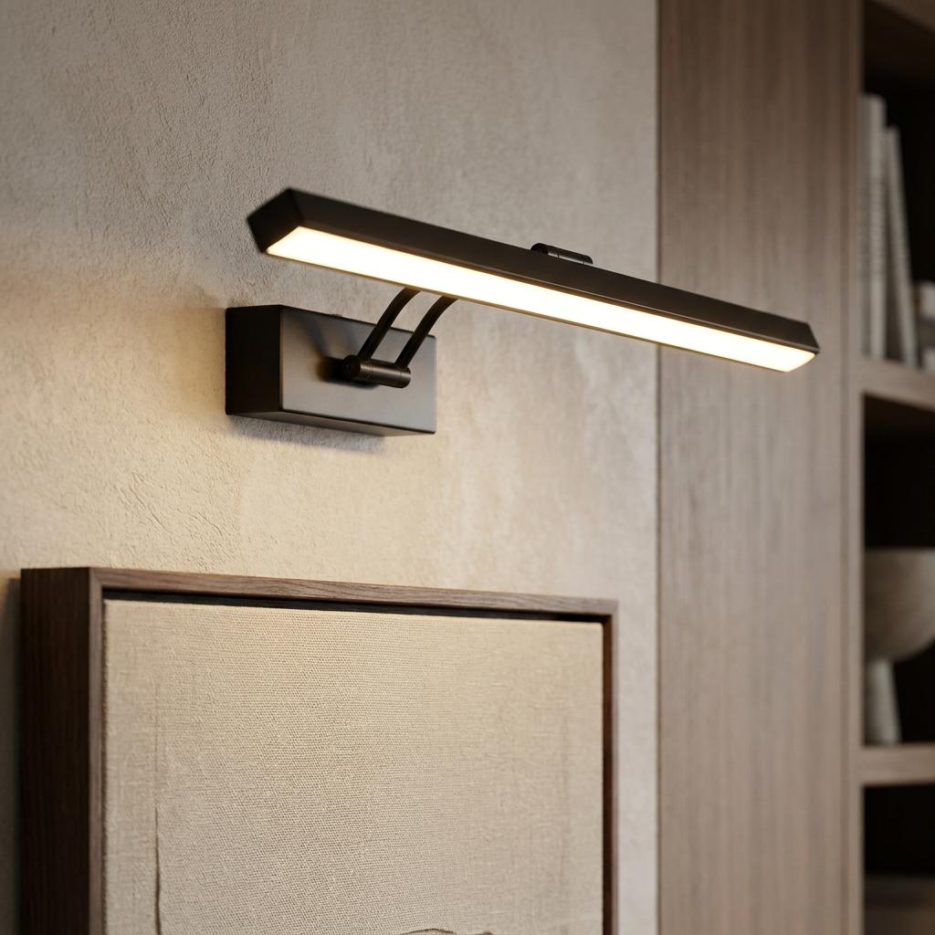 Slim black LED picture light mounted on a textured wall, casting a warm glow over a framed canvas artwork.