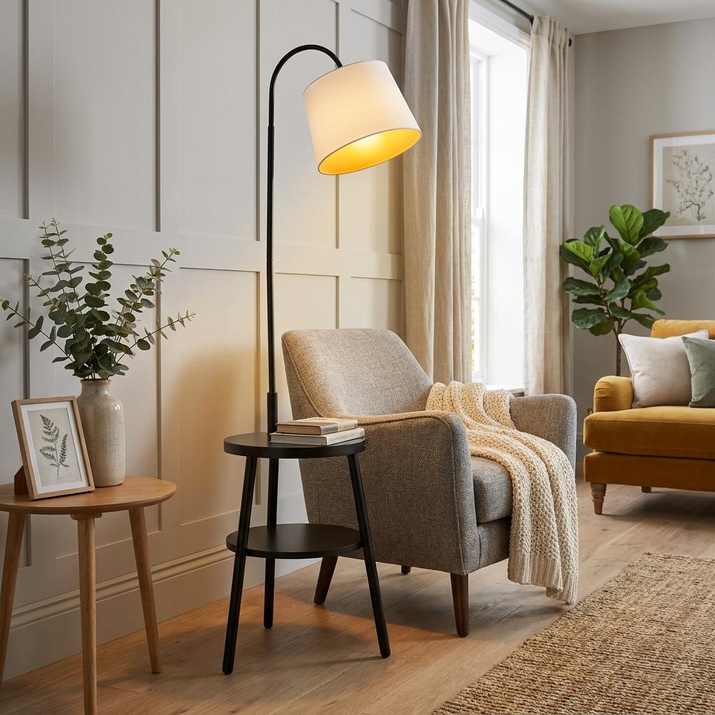 Black arched floor lamp with a white shade and integrated shelf table positioned next to a grey armchair in a living room.