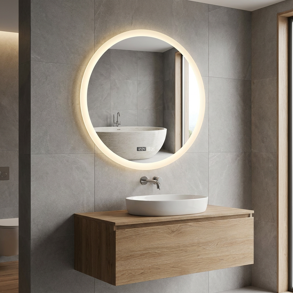 Round illuminated bathroom mirror with digital clock above a wooden vanity and white vessel sink.