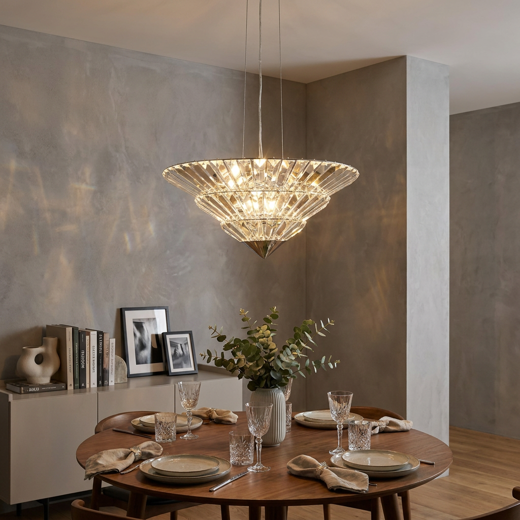 Tiered Savannah 8-light crystal pendant light hanging over a set wooden dining table in a modern room.
