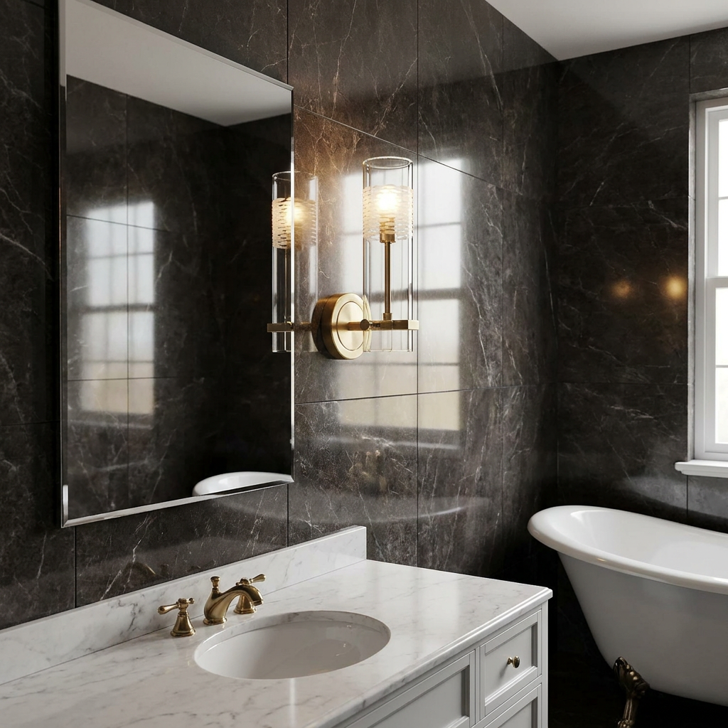 Brass wall light with etched glass shades on a dark marble wall in a bathroom with a white marble vanity.