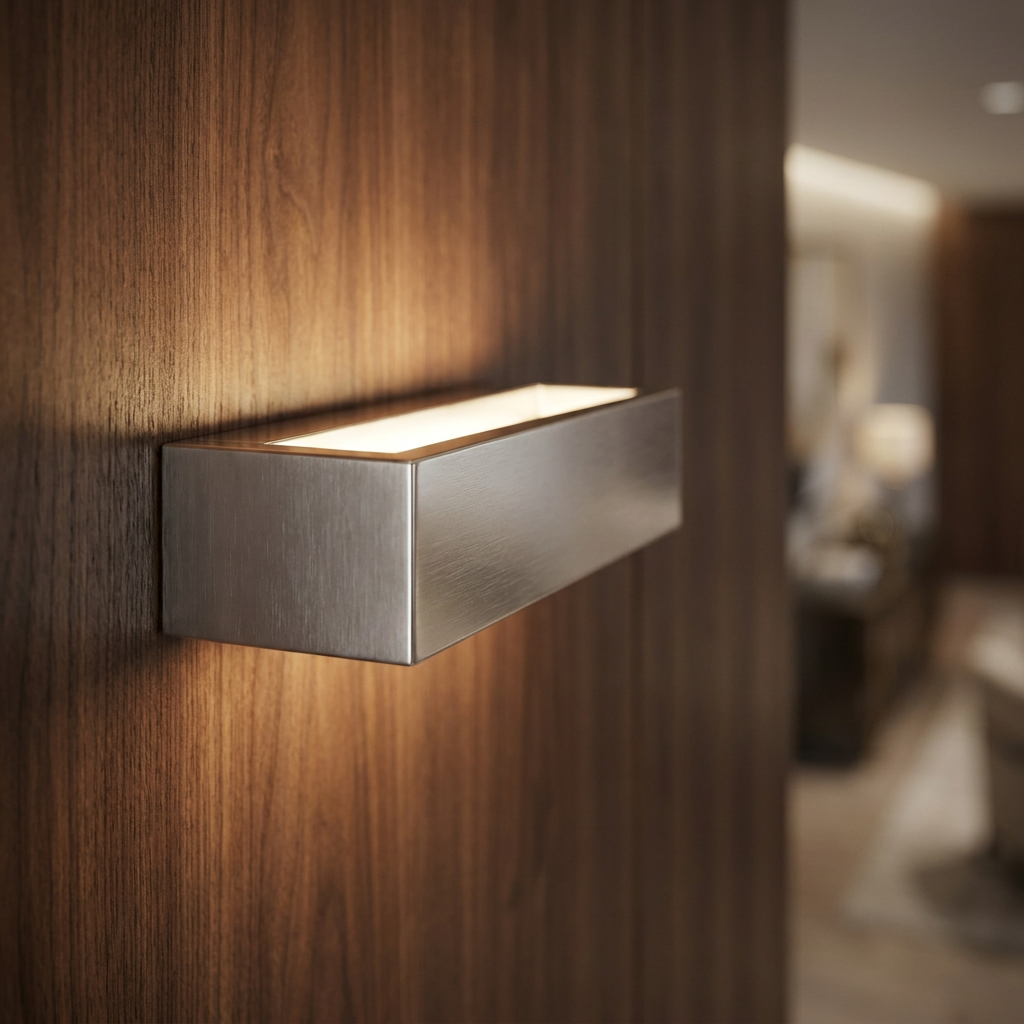 Modern rectangular chrome wall bracket with a warm glow mounted on a wood-paneled surface.