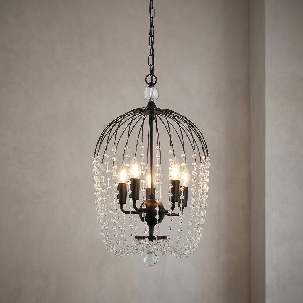 A black birdcage-style 5-light ceiling pendant with cascading strings of clear crystal beads.