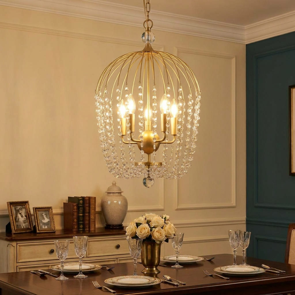 Elegant gold cage chandelier with cascading crystal beads hanging above a formal dining table.