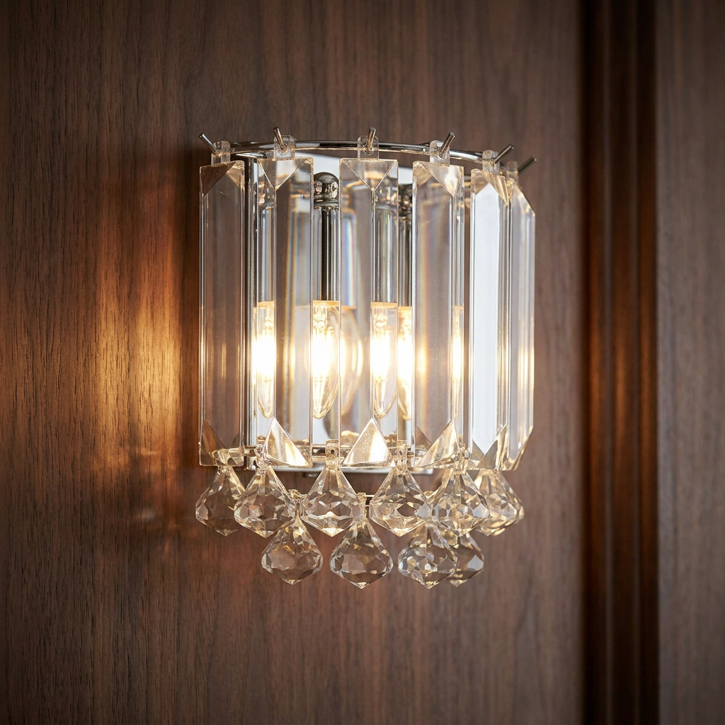 Chrome wall light with clear acrylic prisms and crystal droplets, glowing on a dark wood wall.