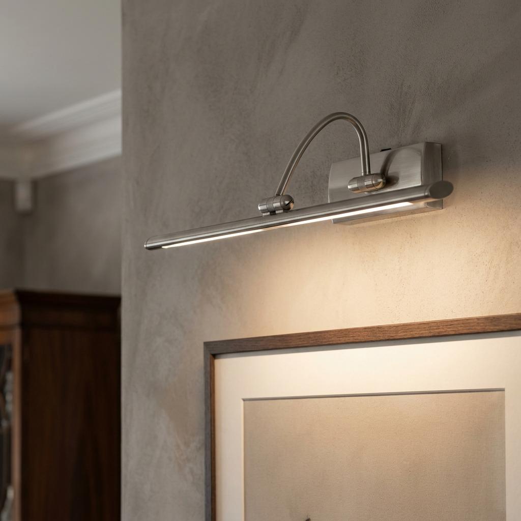 Silver LED picture light with an adjustable curved arm illuminating a framed artwork on a grey wall.