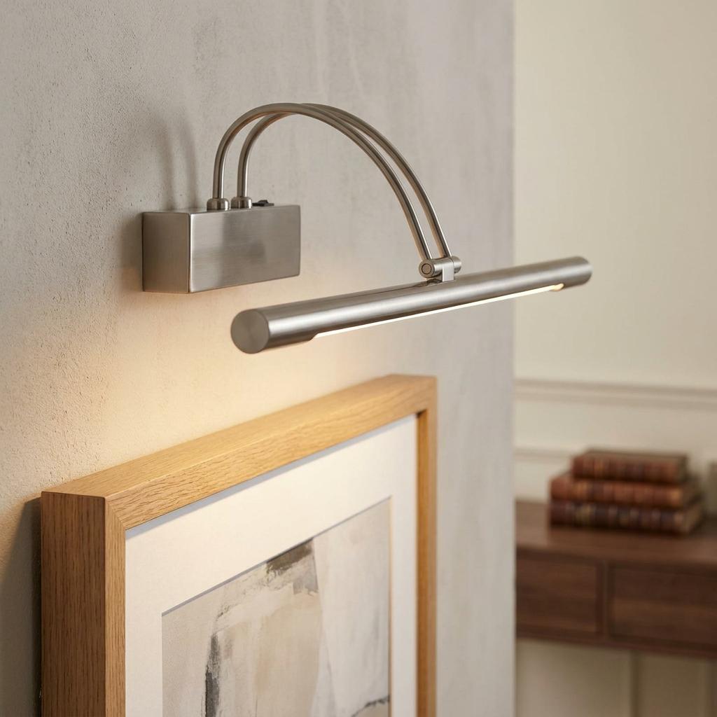 Silver slimline picture light with an adjustable head illuminating a framed artwork on a grey wall.