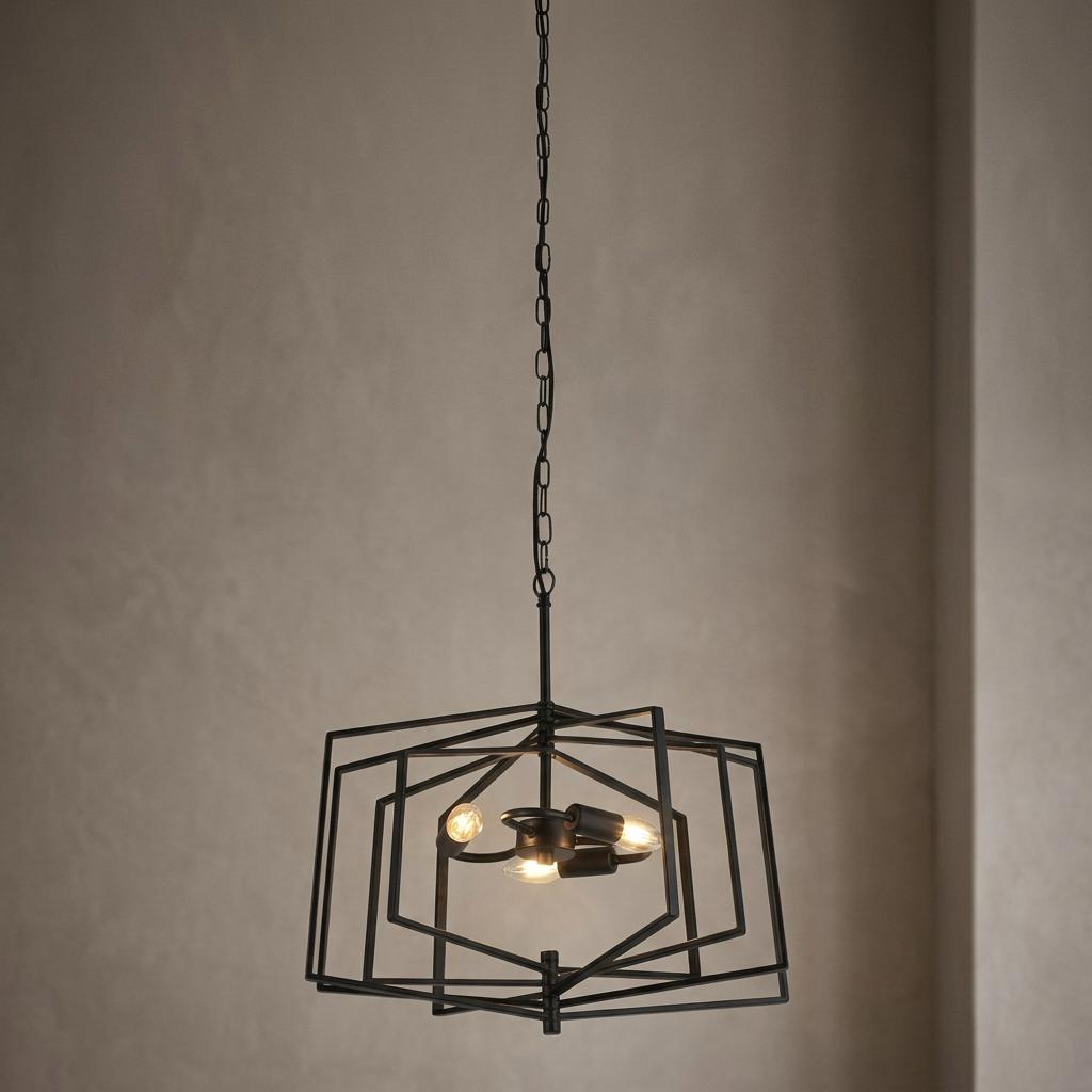 Black geometric 3-light ceiling pendant with nested rectangular frames hanging from a chain against a neutral wall.