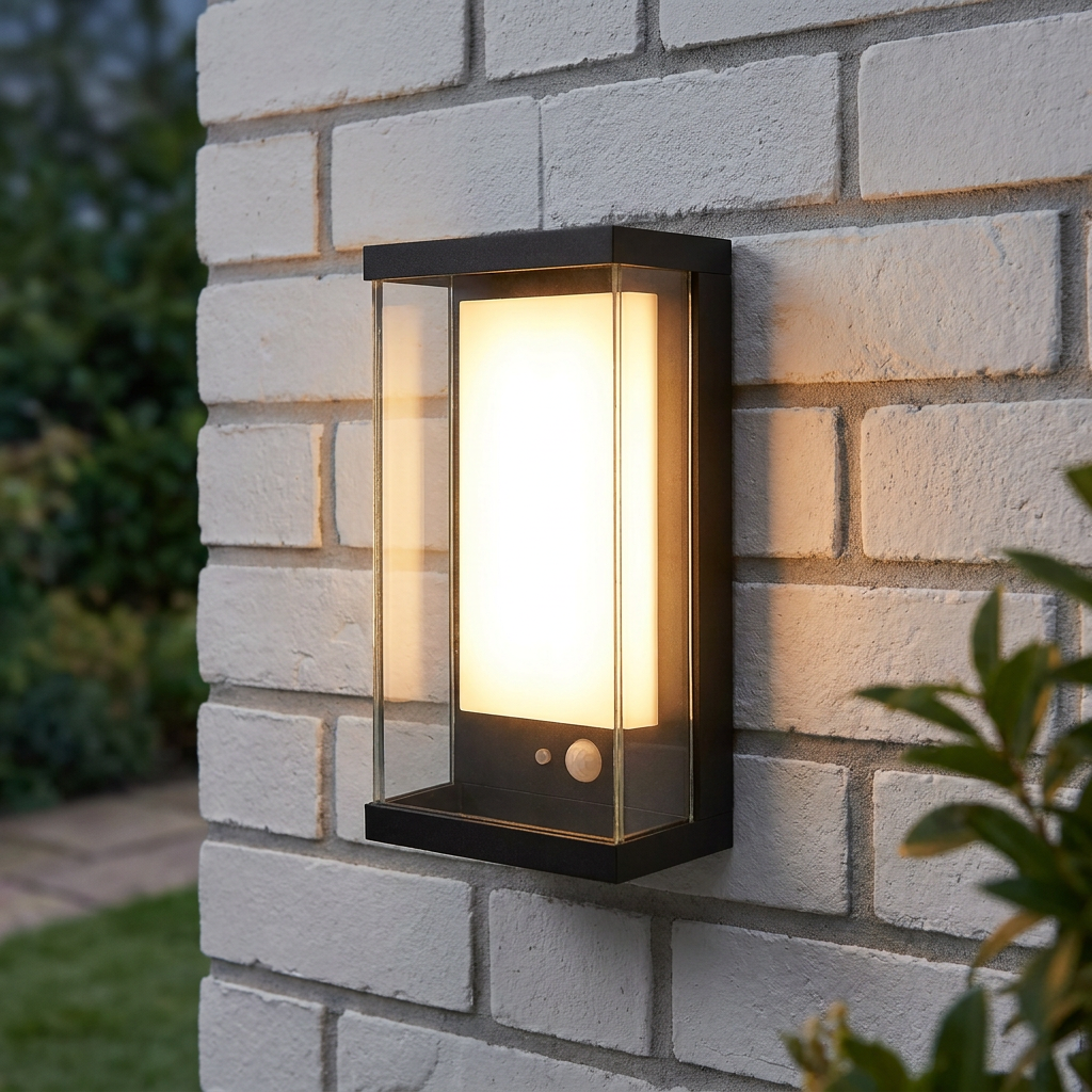 Modern black rectangular solar LED wall light with clear glass sides, glowing warmly on a white brick wall.