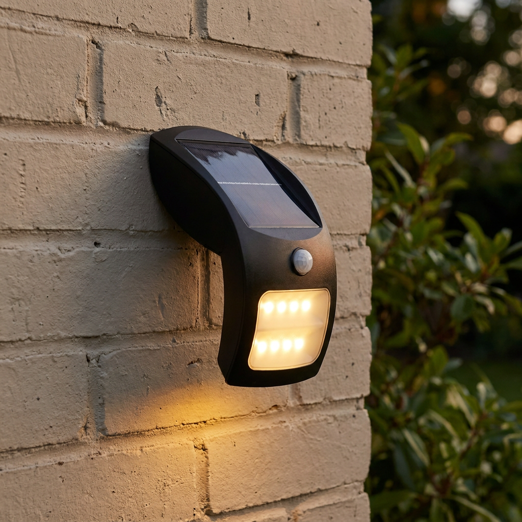 A curved black solar-powered LED wall light with a PIR sensor, illuminated on a white brick exterior wall.