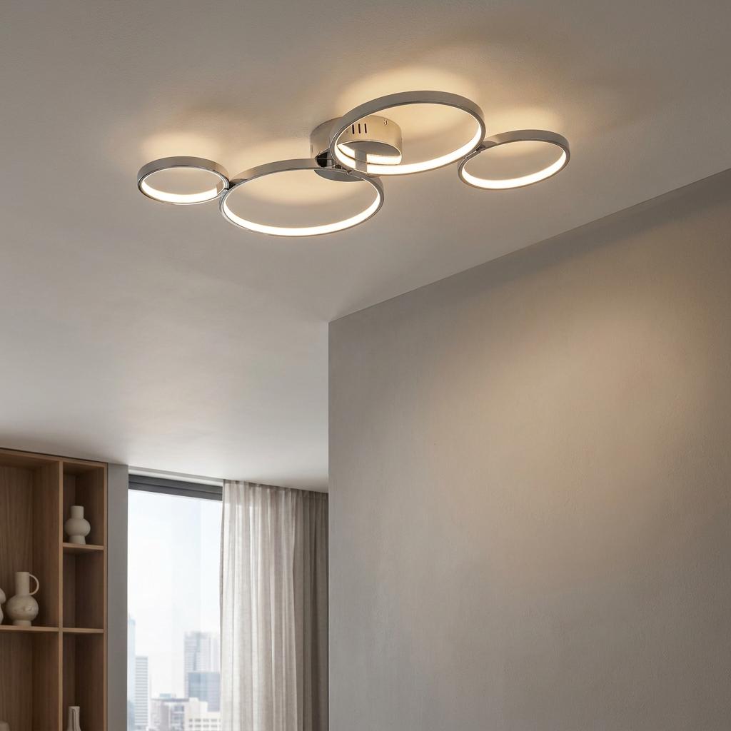 Chrome flush ceiling light with four interlocking LED rings glowing in a modern room setting.