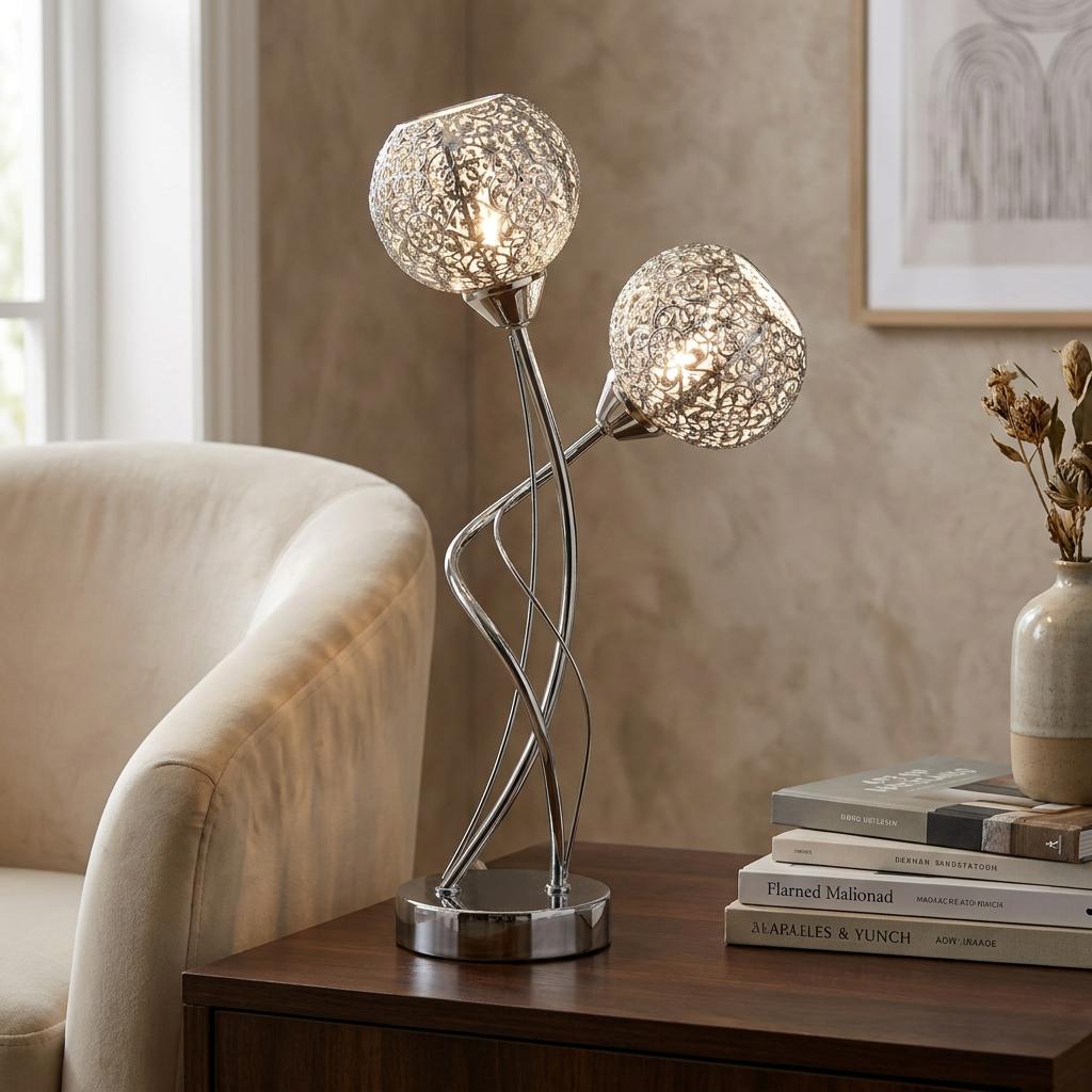 Souk 2-light chrome table lamp with ornate patterned globes on a wooden side table next to a beige armchair.