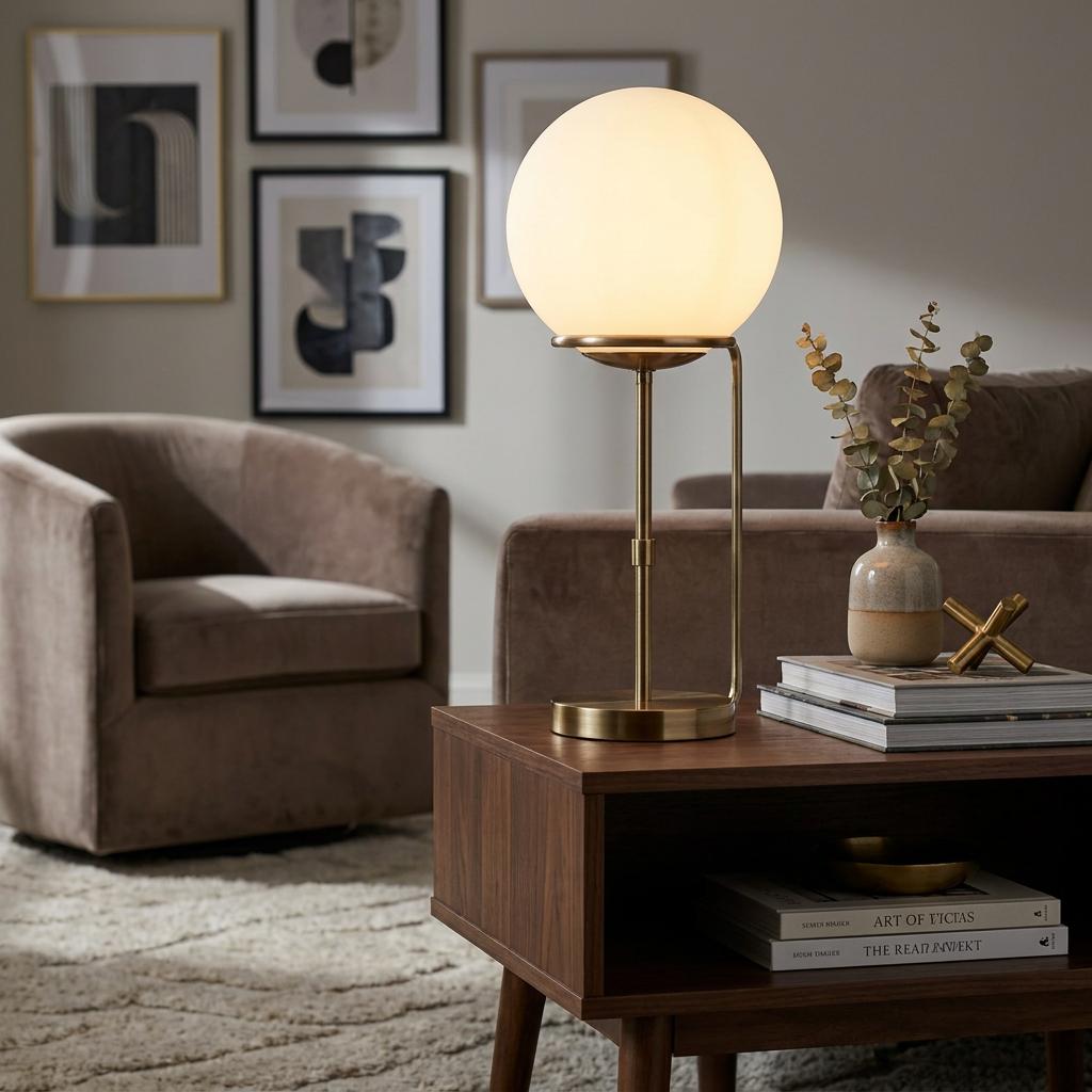 Searchlight Sphere brass table lamp with opal glass shade on a wooden side table in a modern living room setting.