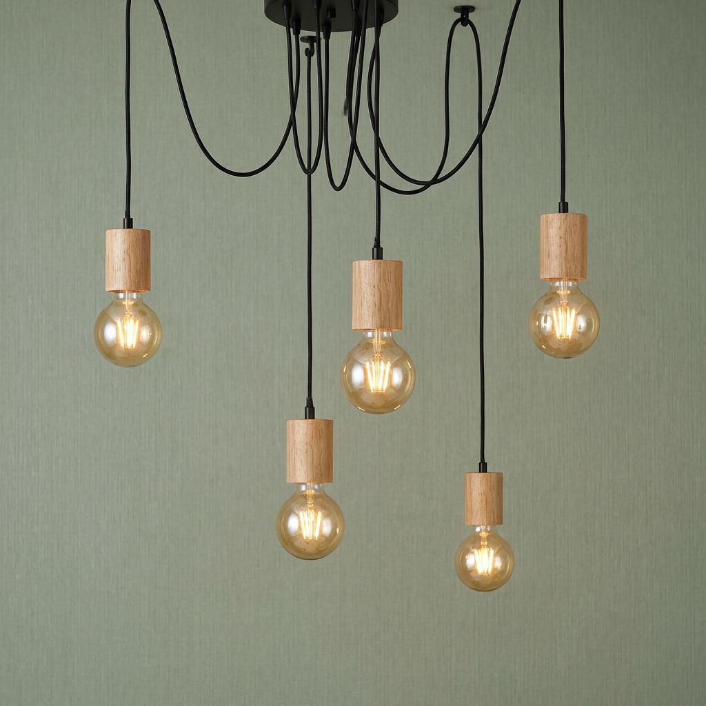 Five-light spider pendant with wooden sockets and amber filament bulbs hanging from black cords against a green wall.