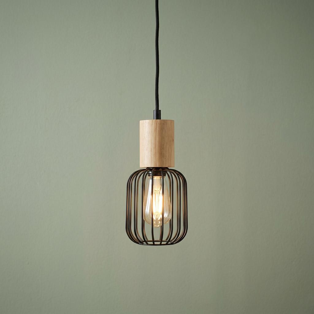 Pendant light with a wooden cylinder and black wire cage surrounding a glowing bulb against a green wall.
