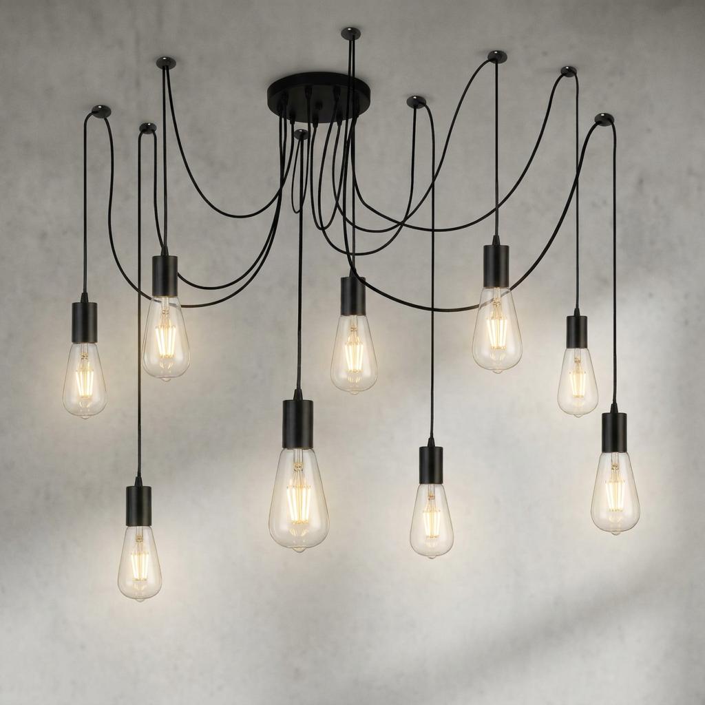 Nine-light industrial spider ceiling pendant with black cables and Edison bulbs against a grey wall.