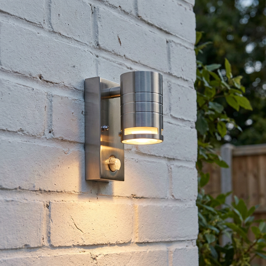 A modern stainless steel LED outdoor wall light with a PIR sensor, glowing on a white brick wall.