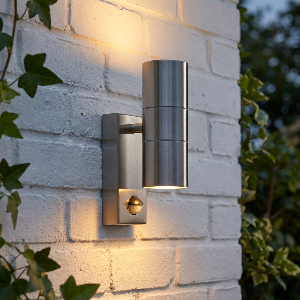 Illuminated stainless steel up/down LED outdoor PIR wall light mounted on a white brick wall.