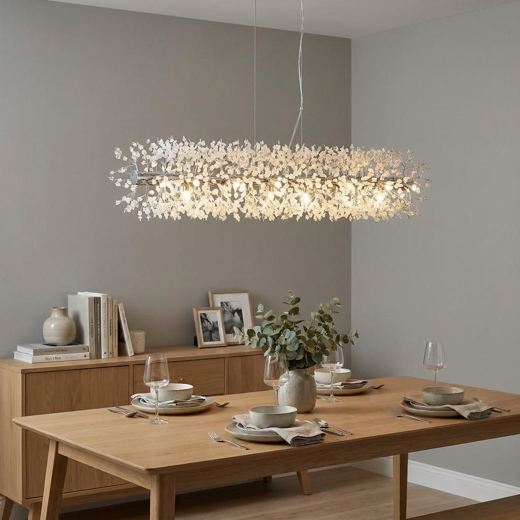 Sunburst chrome bar pendant with glass beads hanging over a wooden dining table in a modern room.