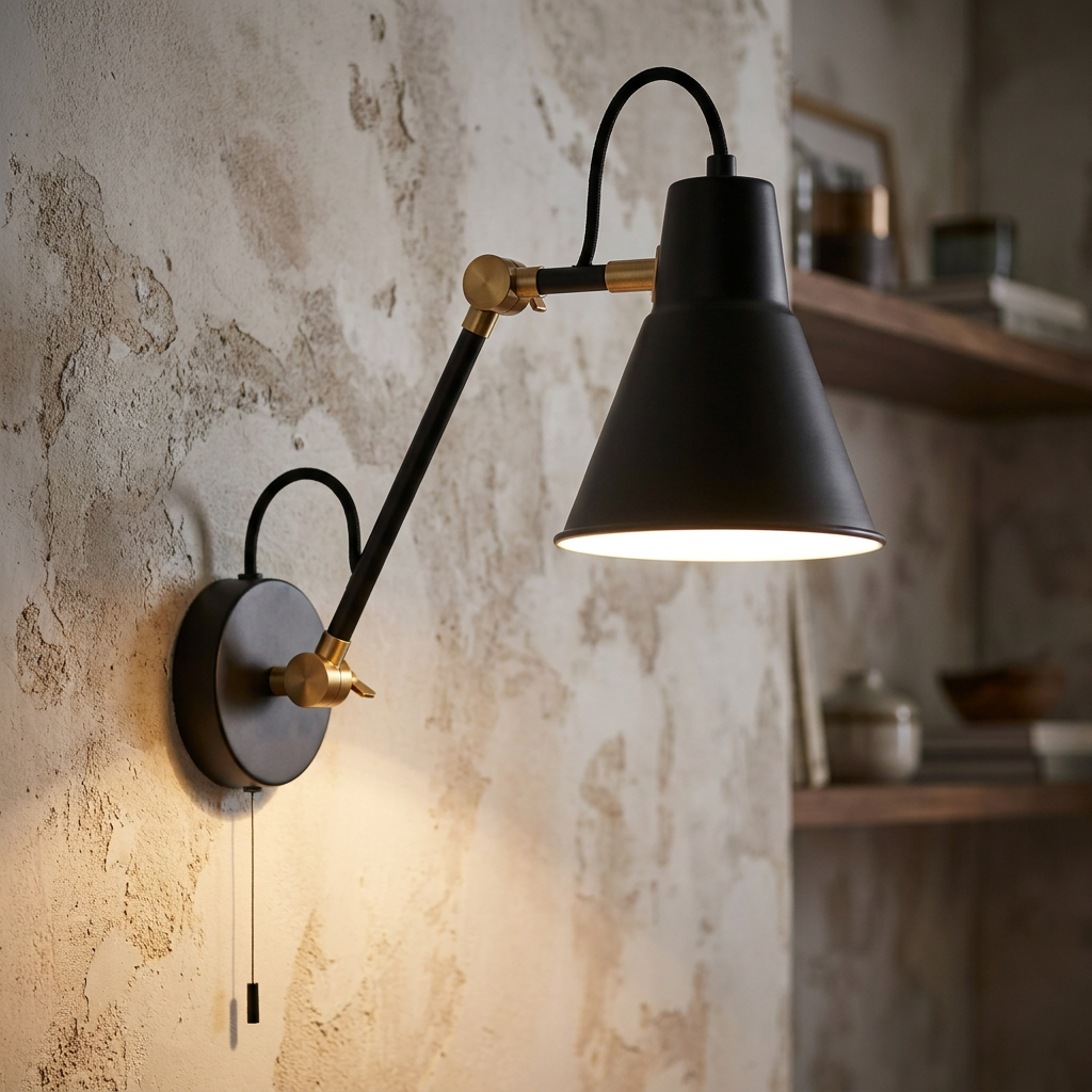 Industrial matte black swing arm wall light with brass details lit up against a textured plaster wall.