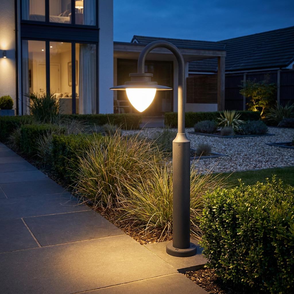 Graphite garden bollard light with a curved neck illuminating a stone path and modern landscaping at dusk.
