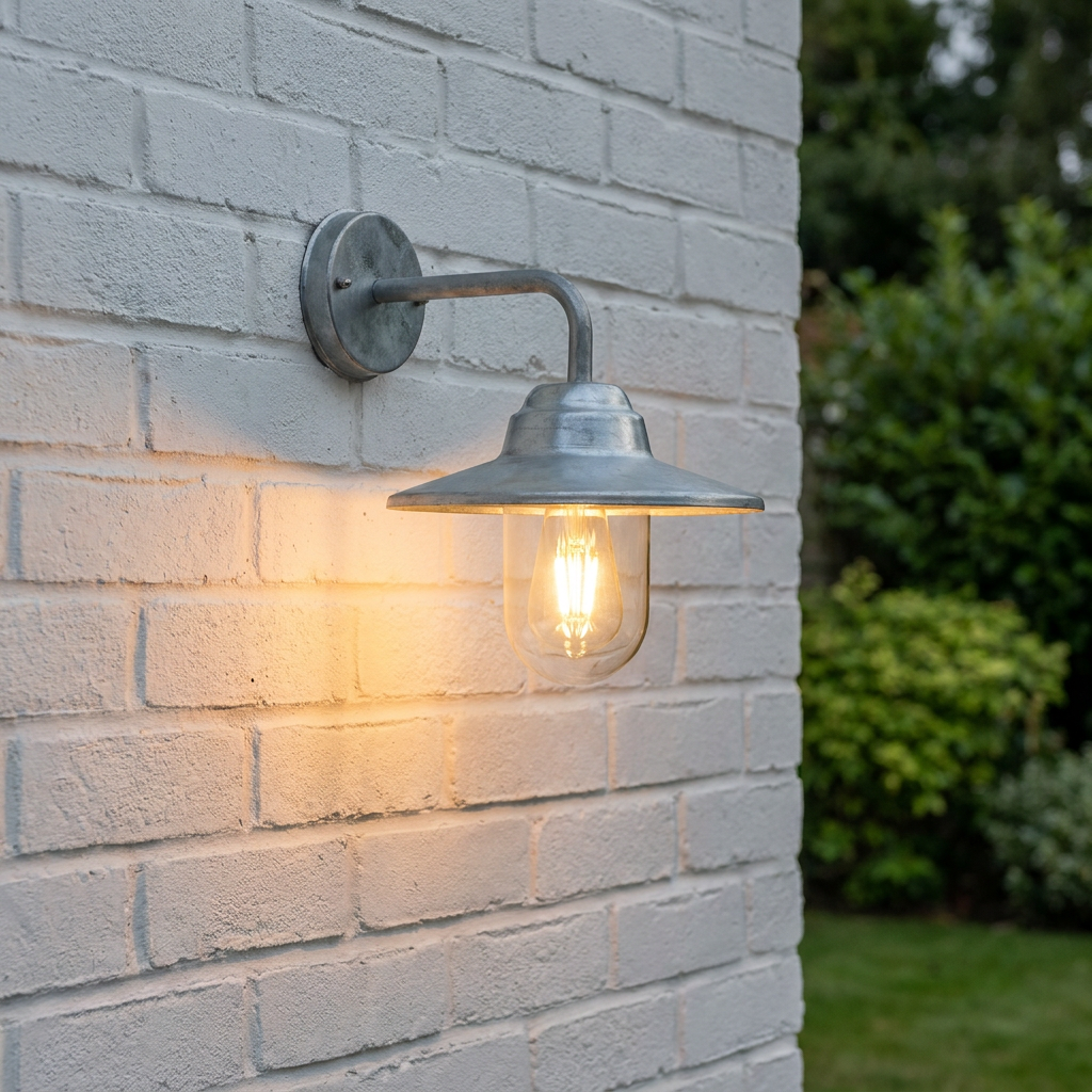 Galvanized outdoor wall light with a warm lit bulb mounted on a white brick wall.