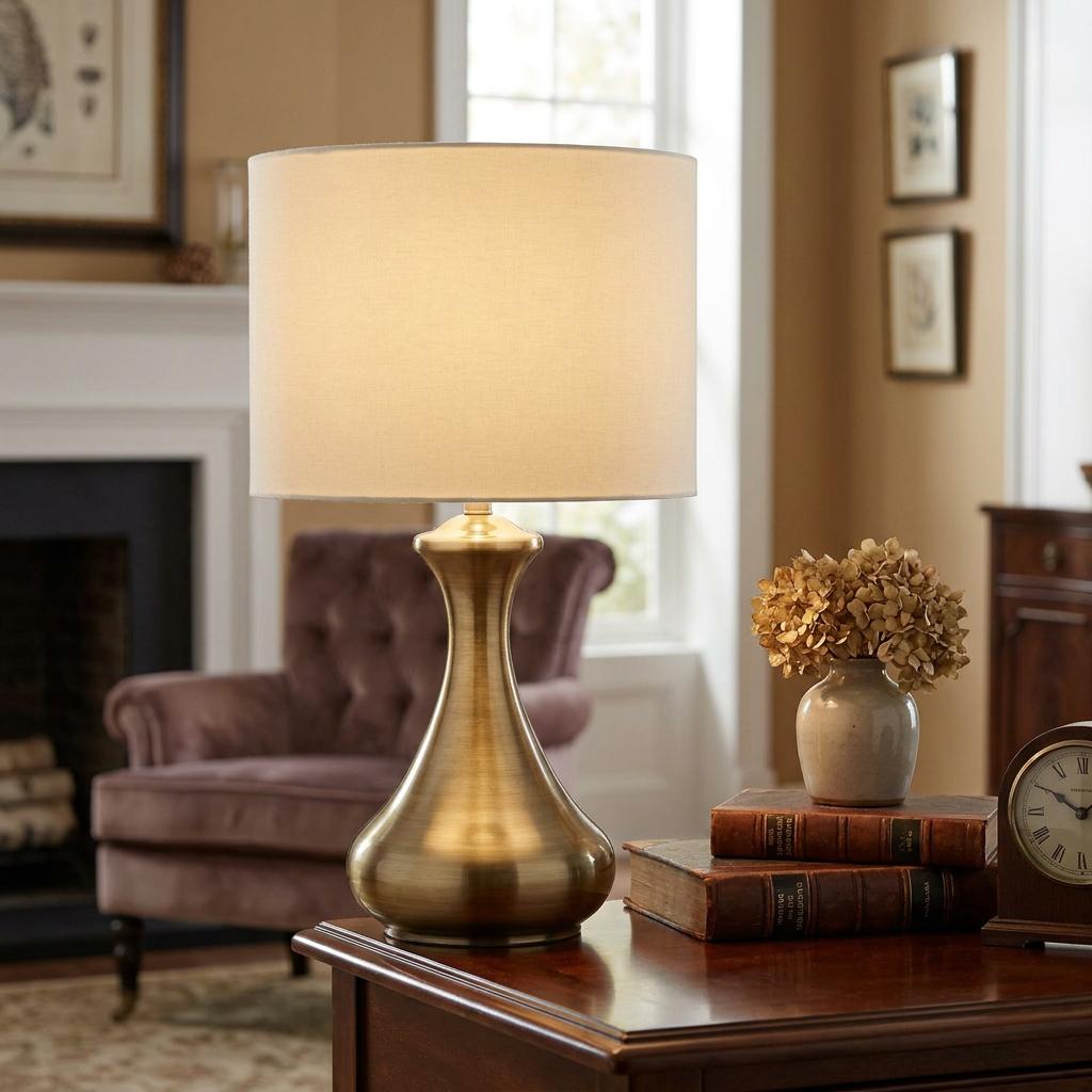 Antique brass touch lamp with a cream cylinder shade sits on a wooden side table in a cozy living room.