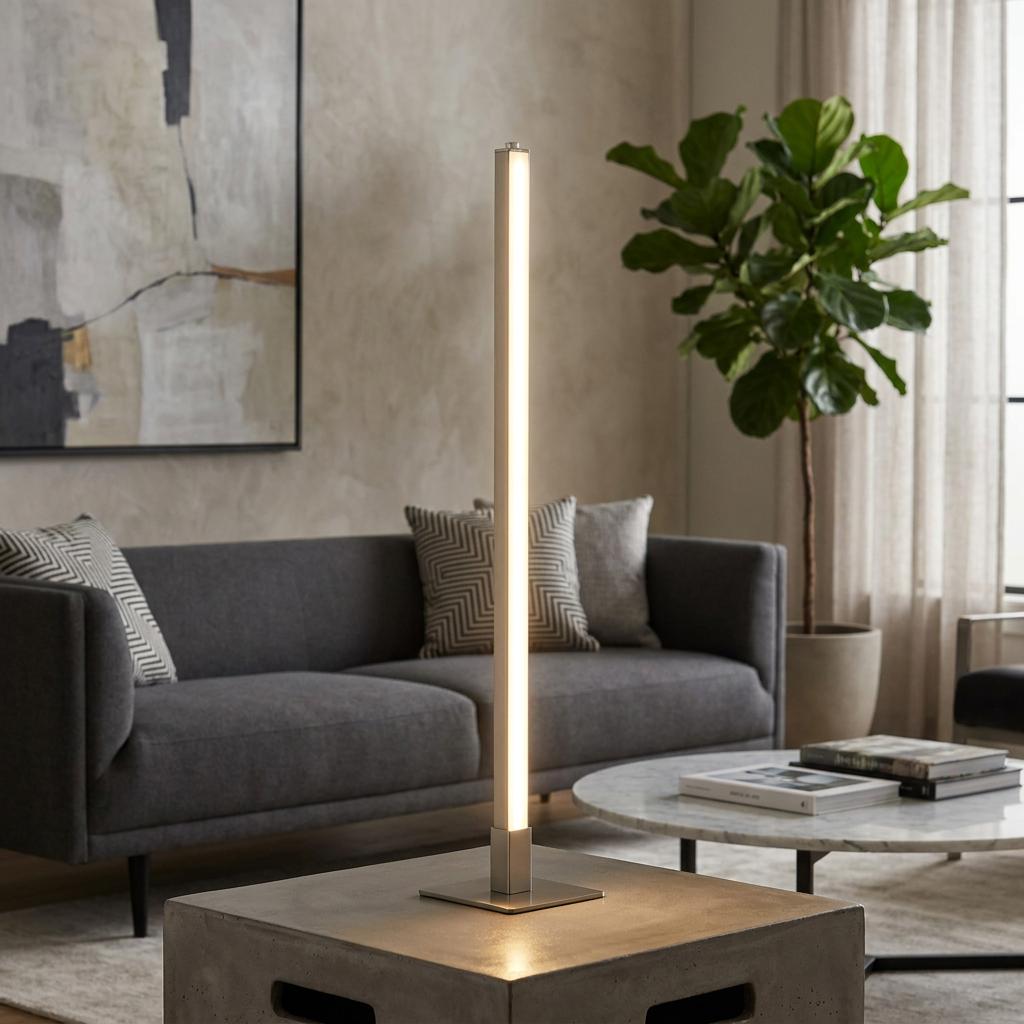 Slim silver LED table lamp glowing on a stone side table in a modern living room setting.