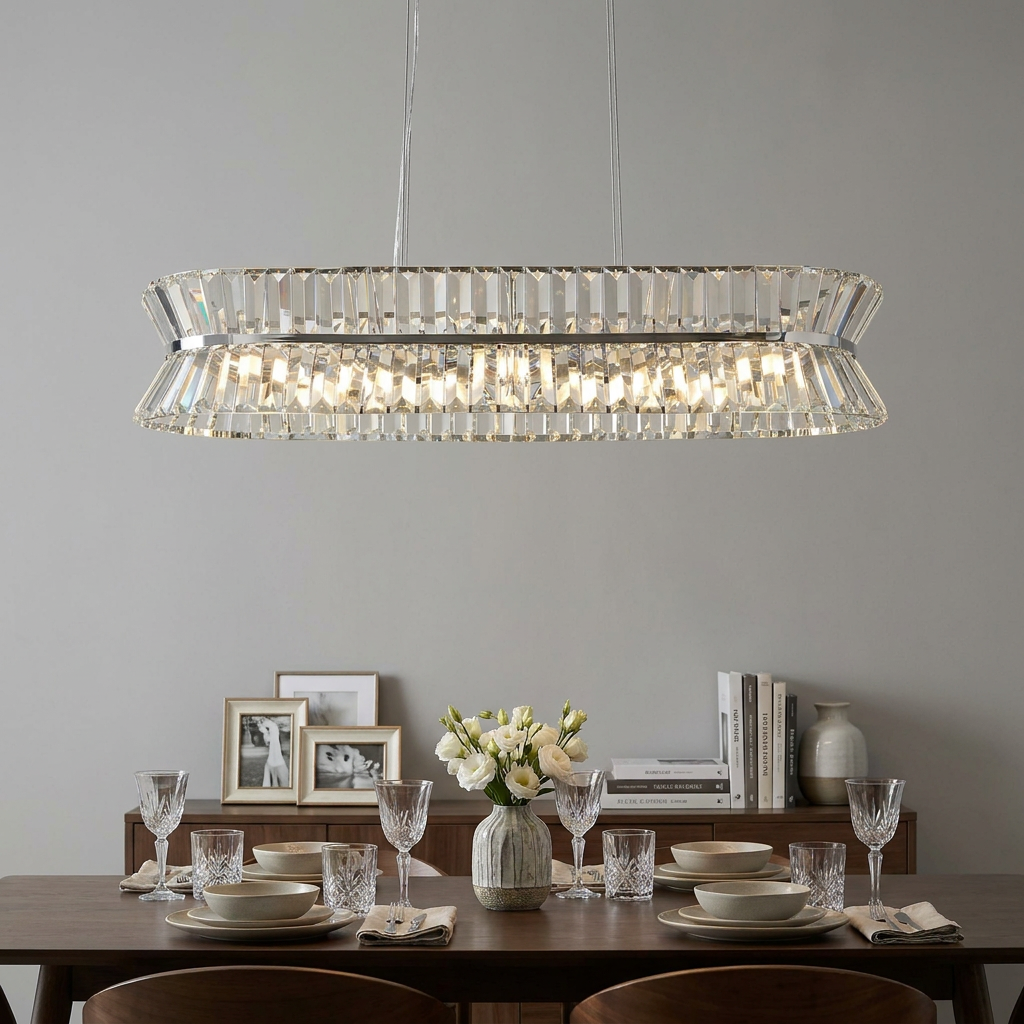 Chrome and crystal oval pendant light hanging above a set dining table in a neutral room.